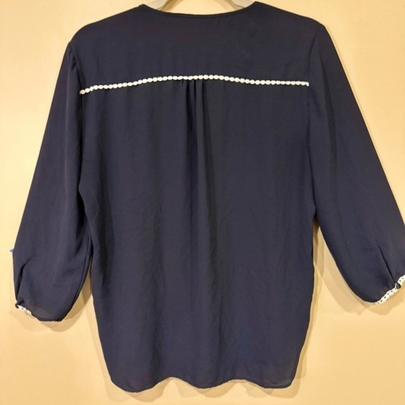 Zara Basic Collection Navy Blue Blouse Top 3/4 Sleeve‎ White Trim Medium - Picture 3 of 5